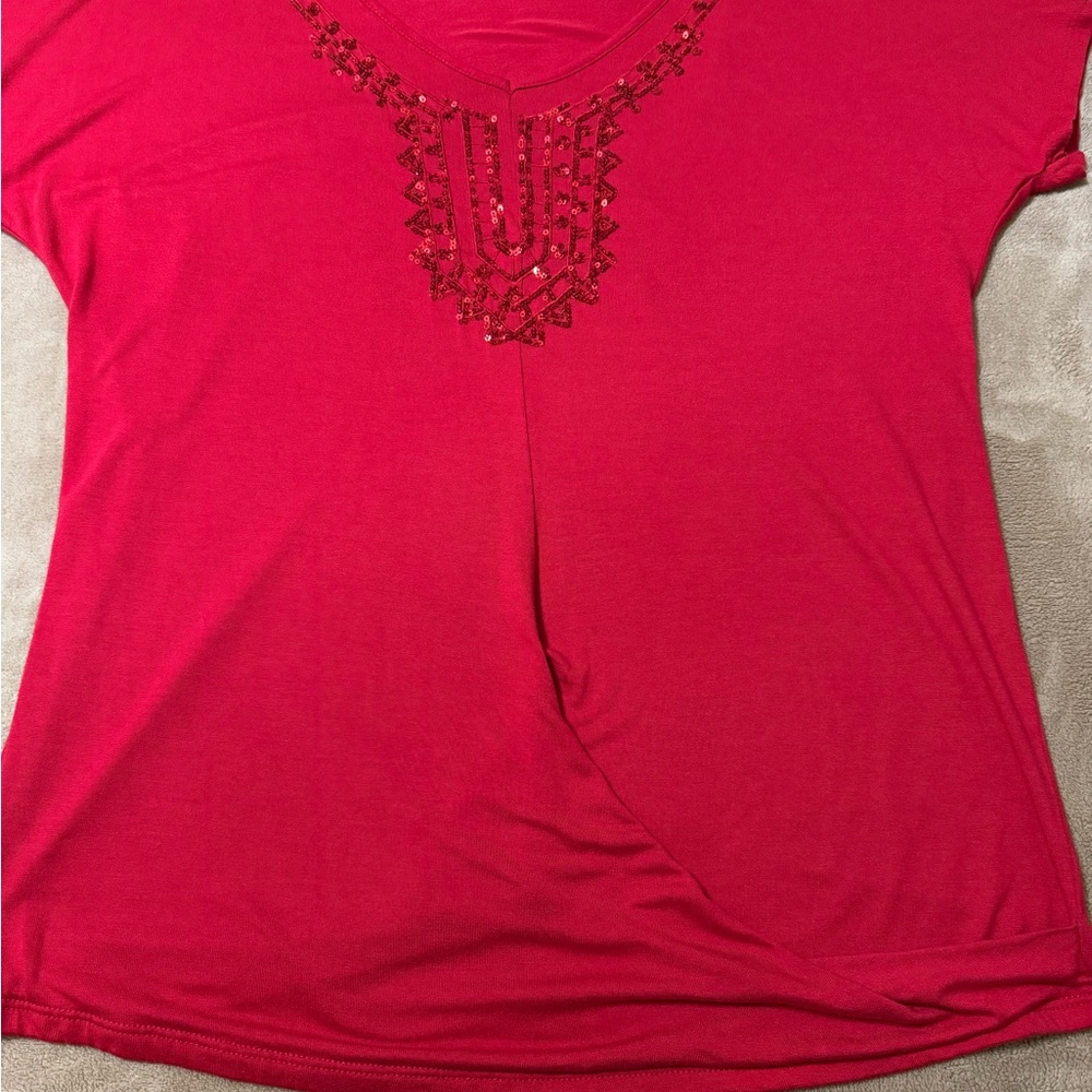 Red Nygard Ladies Top with Sequined Detailing